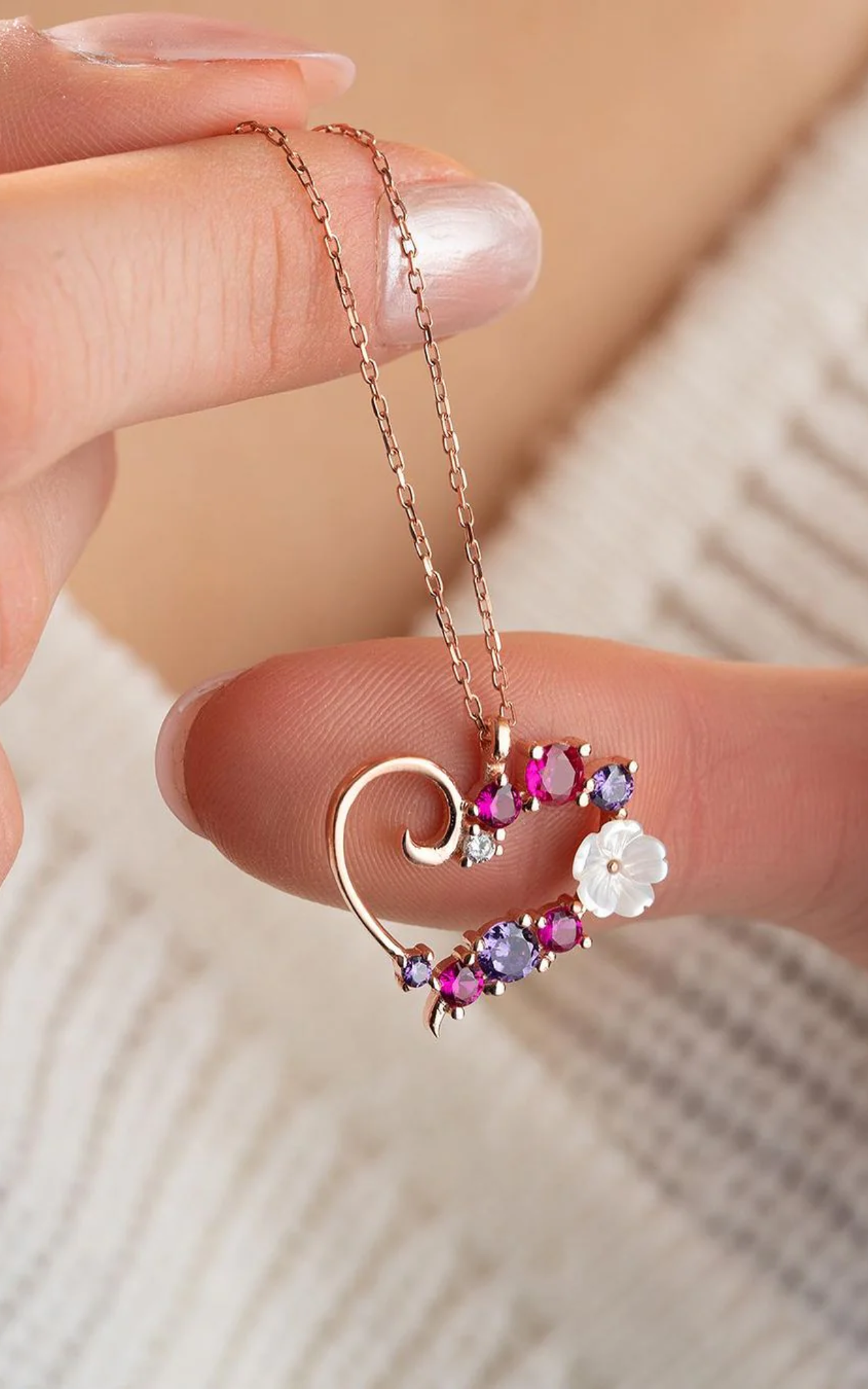 White Flower Heart Necklace